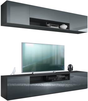 Vladon Wohnwand Mogan, Schwarz matt/Grau Hochglanz - Moderne Anbauwand bestehend aus 2 TV-Boards (181 x 147 x 35 cm)