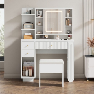 Flieks Schminktisch, Schminkkommode 100 x 40 x 138 cm mit Hocker, Schubladen und LED-Spiegel