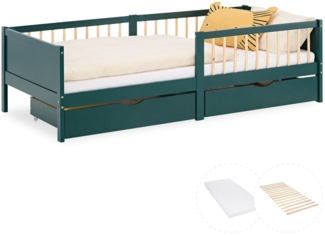 Kinderbett 90x200 cm mit Matratze 2 Bettkästen Rausfallschutz Grün Holzbett Einzelbett Gitterbett Massiv Holzbettrahmen