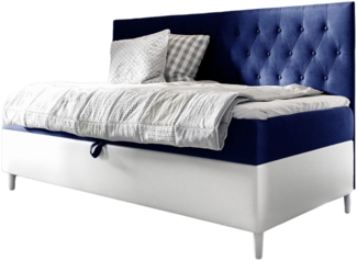 MEBLINI Kinderbett mit Bettkasten FILIPPO 2 100x200 – H3/Blau Samt Gepolstert Einzelbett mit Matratze - Polsterbett mit Stauraum - Bett mit Kopfteil – Stauraumbett