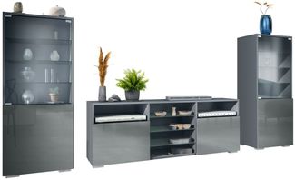 Vladon Wohnwand Granada, (Anbauwand, bestehend aus 2 Vitrinen und 1 TV-Board), Anthrazit matt/Grau Hochglanz (286 x 122,5 x 35 cm)