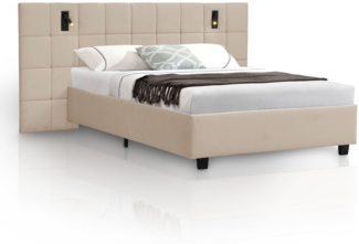 Juskys Polsterbett 140x200 cm Luzano - Bett mit LED, Lattenrost & Kopfteil - Modernes Bettgestell aus Holz & Samt - Doppelbett, Samtbett - Beige