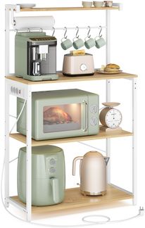 VASAGLE Standregal mit 4 Ebenen, Küchenregal mit Ladestation, 8 Haken, 40 x 80 x 140 cm, goldeichenfarben-weiß