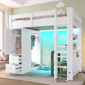 Merax Hochbett 90x200cm Kinderbett Jugendbett mit 4 Schubladen und 1 Stauraumschrank, Unterbettschreibtisch, offenem Kleiderschrank, LED-Licht und USB, weiß
