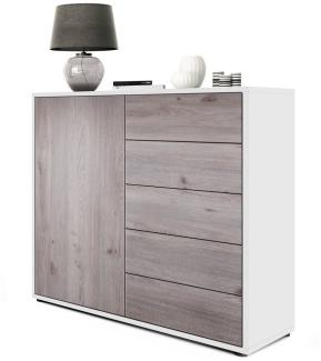 Vladon Sideboard Ben V2, Kommode mit 1 Tür und 5 Schubladen, Weiß matt/Eiche Nordic (79 x 74 x 36 cm)