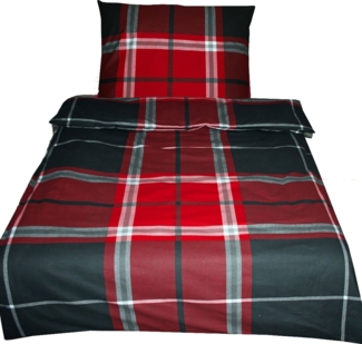 KH-Haushaltshandel Bettwäsche 2-tlg. Biber Winter Bettwäsche 135x200 + 80x80 cm, kariert, Biber, 2 teilig, rot grau schwarz, weiche warme Winterbettwäsche, 100% Baumwolle