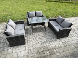 Fimous 6-Sitzer Hoher Rücken Rattan Gartenmöbel Sets mit Rechteckiger Esstisch Loveseat Sofa