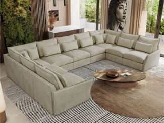 XXL U-förmige Ecksofa, modulares Ecksofa mit losen Kissen, Wohnlandschaft, universelles Ecksofa für das Wohnzimmer - VERSO U 9M - Beige Velours