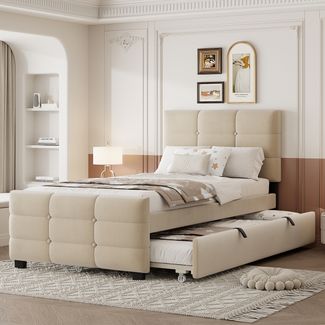 Merax Polsterbett 90x190 cm Kinderbett, Jugendbett, mit Ausziehbett, flaches Einzelbett in hautfreundlichem Samtstoff (beige)