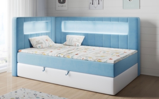 Boxspringbett mit LED, Einzelbett mit Bettkasten und Topper - JUNIOR GOLD 3 - 90x200 cm - Blau und Weiß - Linke Seite