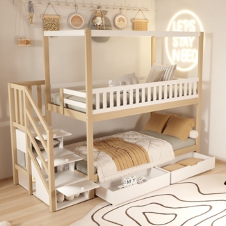 Flieks Etagenbett, Massivholz Kinderbett 90x200cm mit 2 Schubladen und Stauraumtreppe