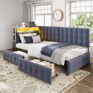Merax Daybett (Einzelbett Jugendbett Tagesbett Kinderbett Samt, 1 tlg), Polsterbett Schlafsofa 90x200cm mit LED, 2 Schubladen, USB & Typ-C