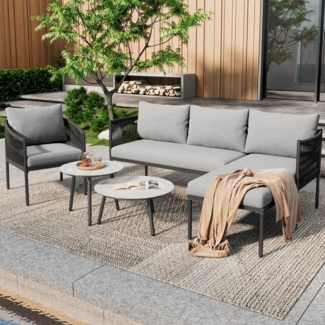 Flieks Gartenlounge-Set, 5-Sitzer Seil Gartenmöbel Ecksofa mit marmorlackierte Glastischplatte