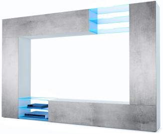 Vladon Wohnwand Mirage, Anbauwand mit Rückwand mit 2 Türen, 2 Klappen und 6 offenen Glasablagen, Weiß matt/Beton Oxid-Optik, inkl. LED-Beleuchtung (262 x 183 x 39 cm)