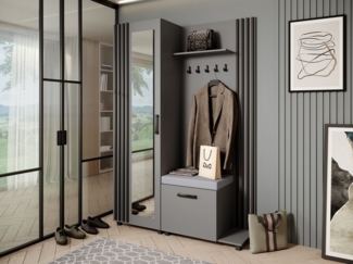 Beautysofa Garderobenschrank Garderoben-Set mit Aufhängern und Spiegel LIVIA (Geräumiger Schuhschrank) mit praktischer Kleiderstange
