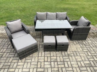 Fimous 8 Sitzer Rattan Gartenmöbel Set Rechteckiger Esstisch und Sessel Sofa Set mit 3 Fußhockern Dunkelgrau gemischt