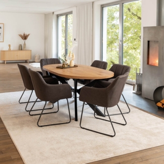 HOME DELUXE Essgruppe Oval Ausziehbar inkl. Sternfuß - 160 x 100 cm Light Oak 6 Stühle Anthrazit