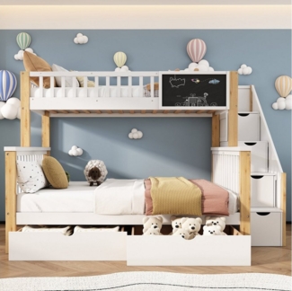 REDOM Etagenbett Kinderbett, mit Tafel Treppe Schubladen 90x200 cm+140x200 cm