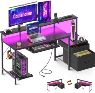 Coleshome Schreibtisch mit Schubladen 140x48cm Schwarz Umkehrbarer Computertisch