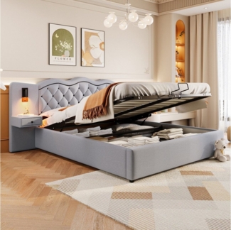 TavilaEcon Boxspringbett 180*200 cm Polsterbett, mit integriertem Kopfteil und USB-Anschluss, mit hydraulischem Hebemechanismus und großem Stauraum,grau