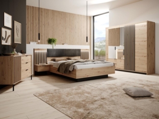 Vente-unique - Kleiderschrank - 3 Türen und 2 Schubladen - Spiegel und LED-Beleuchtung - B 220 cm - Holzfarben und Schwarz - ARIADA