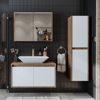 Roomart Badmöbel Set ATLANTIC 4-teilig 85 cm in 5 Farben Unterschrank mit Keramikwaschbecken • Spiegelschrank • Hochschrank