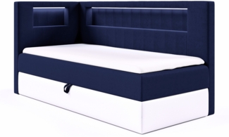 MEBLINI Kinderbett mit Bettkasten GARETH 3 90x200 Links – H3/Blau Samt Gepolstert Einzelbett mit Matratze - Polsterbett mit Stauraum - Bett mit Kopfteil – Stauraumbett