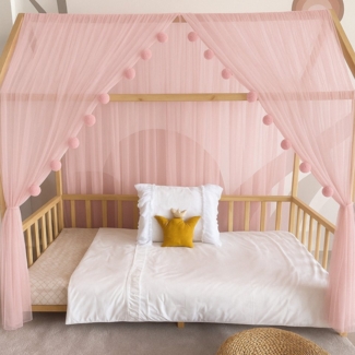 Baby Fancyroom Betthimmel Betthimmel Tüll Hausbett Kinderbett 2 Stück 340cm 380cm Montessori (3-tlg. Set mit 2x Betthimmel und einer 20er Pomponkette, Baldachin, Kinder Betthimmel Baldachin Himmel Deko Set), Betthimmel für Hausbett Montessori