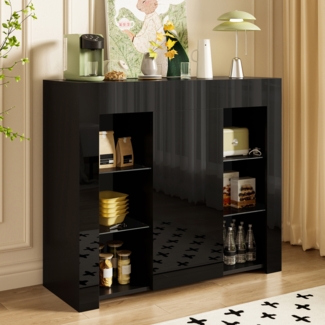Merax Kommode Sideboard Schwarzes Buffet mit Hochglanz-Front – Kompakte, stilvolle Aufbewahrungslösung mit Glasregalen und Schranktür