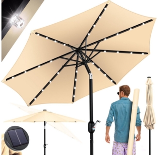 KESSER® Sonnenschirm Balkonschirm LED Solar mit Kurbel Inkl. 2in1 Schutzhülle Transporttasche, Gartenschirm, Schirm für Balkon Garten & Terrasse verstellbar knickbar Beige, Rund