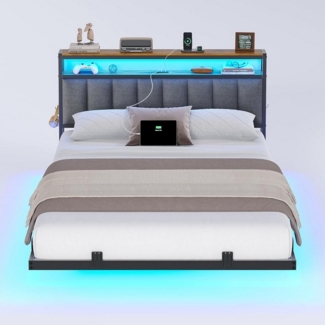 MSMASK Polsterbett mit Ladestation und LED-Beleuchtung, Dunkelgrau, 140x210cm, ohne Matratze