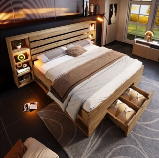 Ulife Massivholzbett Struraumbett Funktionsbett mit LED-Beleuchtung und USB/Type C (Ohne Matratze), Doppelbett, 160x200cm