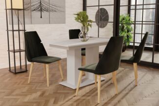 Essgruppe Weiss matt-Tisch mit 4 Braun CAROS Stühlen für Esszimmer oder Küche