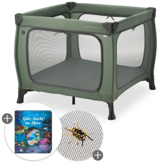 Hauck Baby-Reisebett Sleep N Play SQ Set - Dark Green, Reisebett Laufgitter faltbar mit Matratze und Insektenschutz bis 15 kg