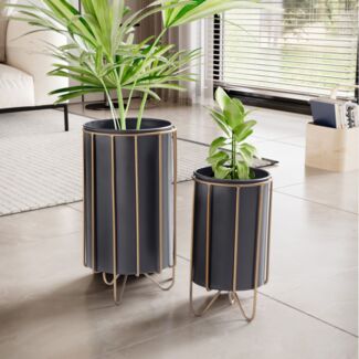 FineBuy Blumentopf 2er Set Metall Pflanzkübel Schwarz / Gold mit Füßen, Design Pflanzenkübel Rund Indoor, Blumenkübel Pflanzgefäß mit Haarnadelbeine Schwarz