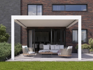 Lamellen Pergola AirCube 600x400 wandmontage inkl. Senkrechtmarkisen