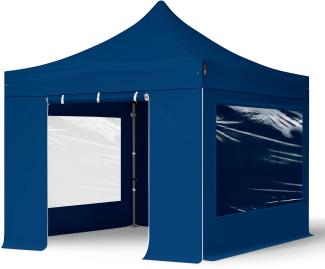 3x3 m Faltpavillon, PREMIUM Stahl 40mm, Seitenteile mit Panoramafenstern, blau