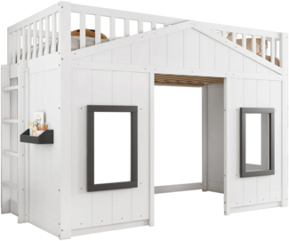 Hochbett mit Lattenrost und Spielraum, Kinderbett mit Rausfallschutz und Leiter, 90x200 cm, Jugendbett