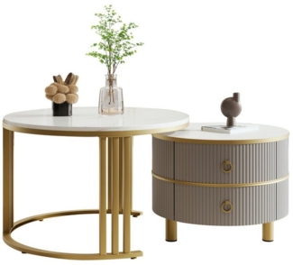 OKWISH Couchtisch 2-in-1 runder Couchtisch (Beistelltisch mit glänzender Platte und 1 weißer Marmorplatte, 2-St), 70*70*45+50*50*40 cm
