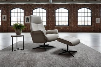 KAWOLA Relaxsessel JOSIANE Leder grau Komfort Drehsessel – Bequem, 360° drehbar, Relaxfunktion, Kopfstütze, inklusive Fußhocker