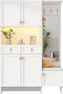 MODFU Garderoben-Set Wandgarderobe, (mit Schuhbank und Schrank, Weiß Flurmöbel, 1-St, B 120× H180× T33.5cm), 3 Haken, 5 Türen, 2 Schubladen