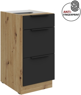 Küchen Unterschrank 40 cm Küche ARIA Schwarz ultra matt + Eiche Artisan matt, hochwertige Fronten mit Anti Fingerprint Beschichtung, Soft-Close Küchenzeile Küchenblock