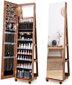 Abschließbarer Schmuckschrank mit integriertem Schminkspiegel verstellbaren Ablagen & Stauraum Braun