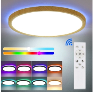 oyajia LED Deckenleuchte Ultra Dünn 24W LED Deckenlampe, Holzmaserung panel lampe RGB Backlamp, LED fest integriert, Warmweiß, Naturweiß, Kaltweiß, RGB, Runde LED Deckenleuchte für Wohnzimmer, Schlafzimmer, Küche, Bar