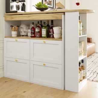 Kombinationsschrank 360° drehbar mit rotierendem Seitenregal, 4 Schubladen, schwarze Metallakzente und galvanisierte Goldgriffe