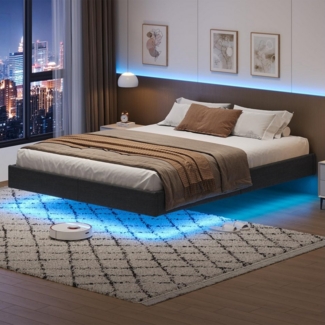 MSMASK Bett mit LED Beleuchtung Schwebender Polsterbett, 140x190 cm, Grau