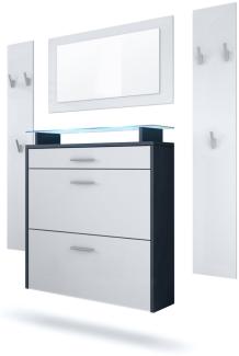 Vladon Garderobe Malea, Garderobenset bestehend aus 1 Hängeschuhschrank, 1 Wandspiegel und 2 Garderobenpaneele, Anthrazit matt/Weiß matt, inkl. LED-Beleuchtung blau