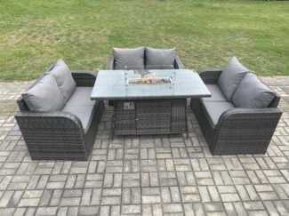 Fimous Rattan Gartenmöbel Sofa Set Gas Feuergrube Esstisch Gasheizung mit Liebe Sofa Dunkelgrau Gemischt