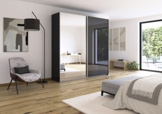 rauch Quadra, Kleiderschrank, Schiebetürenschrank, 2-türig, mit Spiegel und Glasfront, mit 3 Kleiderstangen und 6 Einlegeböden, Farbe Grau metallic/Glas Basalt, BxHxT 226x229x62cm