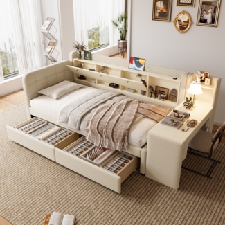 Daybett, Mit 2 Schubladen, Schreibtisch, USB + Typ C, Flip-Top Aufbewahrungsfach, Ablagefach, Bett mit Lattenrost (ohne Matratze), Leinen, Beige, 90×200 cm